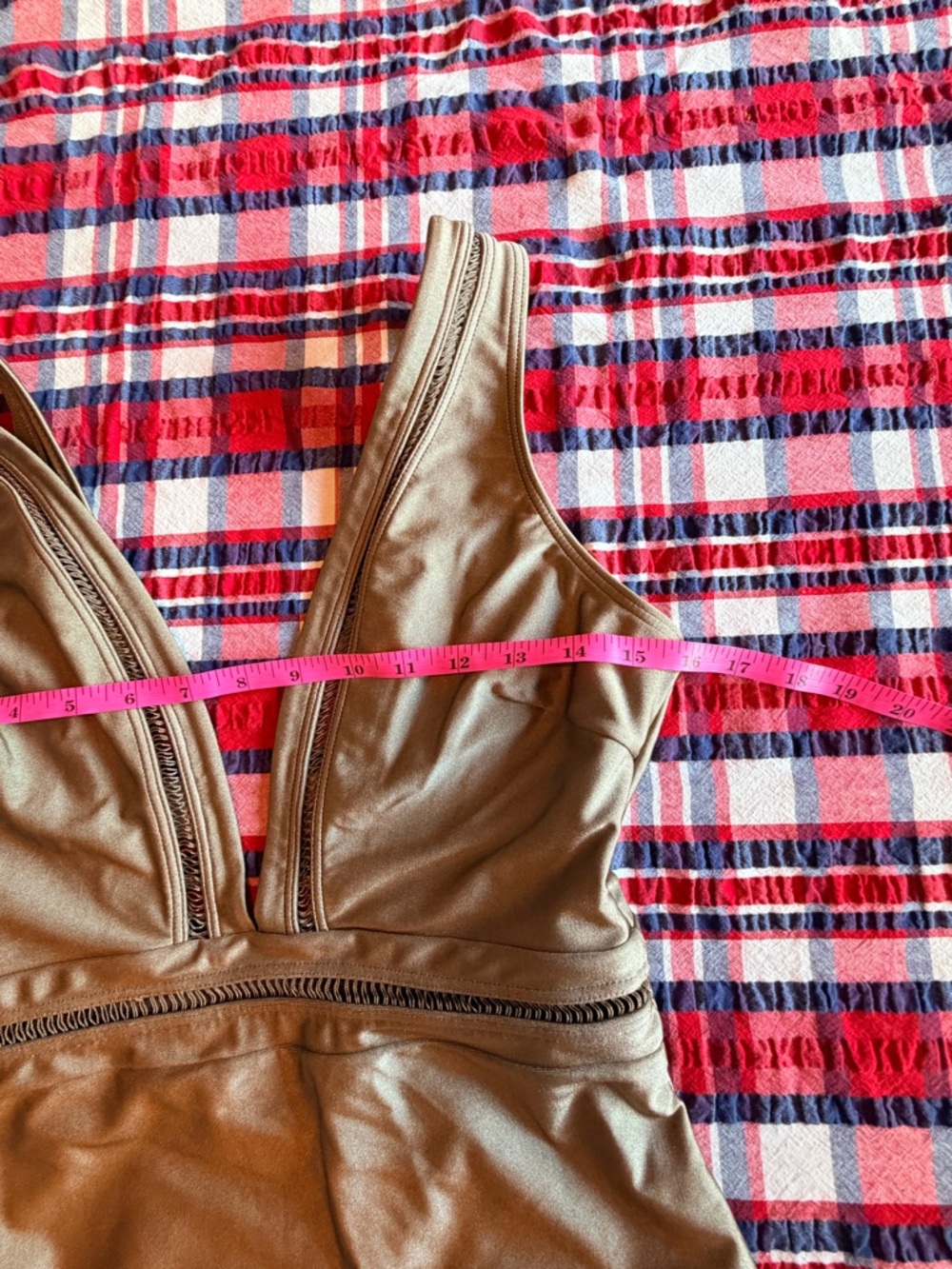 Ted Baker London Deep V Khaki Pointelle One-Piece Swimsuit - Picture 9 of 12